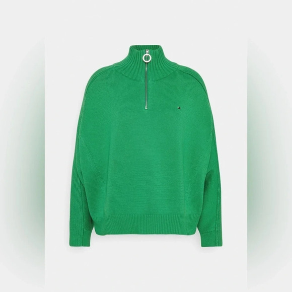Tommy Hilfiger • High Neck Zip Organic Cotton Sweater in Primary Green - Picture 1 of 16